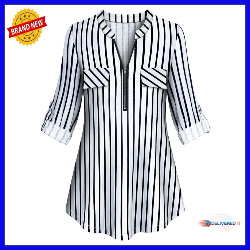 Long Sleeve Zipped V Neck Plaid Tunic Blouse Loose Fit